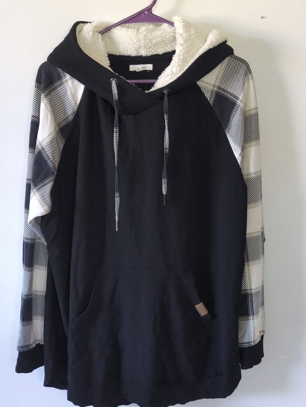 Maurices Black Hoodie with Black-and-White Plaid Sleeves